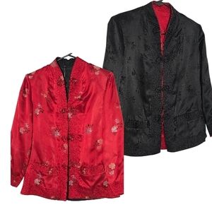 Solz Squirrel Red & Black Brocade Chinese Cherry Blossom Reversible Blazer  Med